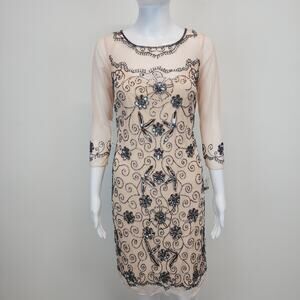 Pisarro Nights Beaded Mesh Dress Size 2 XS Cream Embellished Roaring 20s Deco
